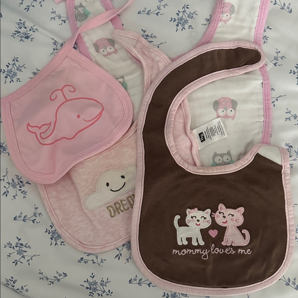 Pink and Brown Whale Baby Bib Set of 4